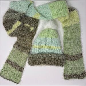 Fuzzy Multicolored Striped Knit Hat and Scarf Set
